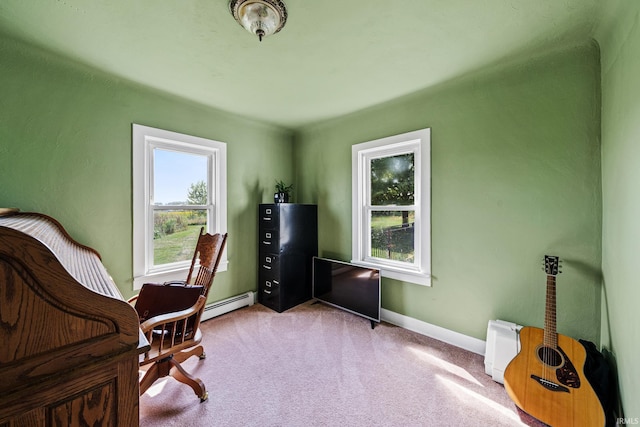 office area with carpet flooring and a baseboard radiator