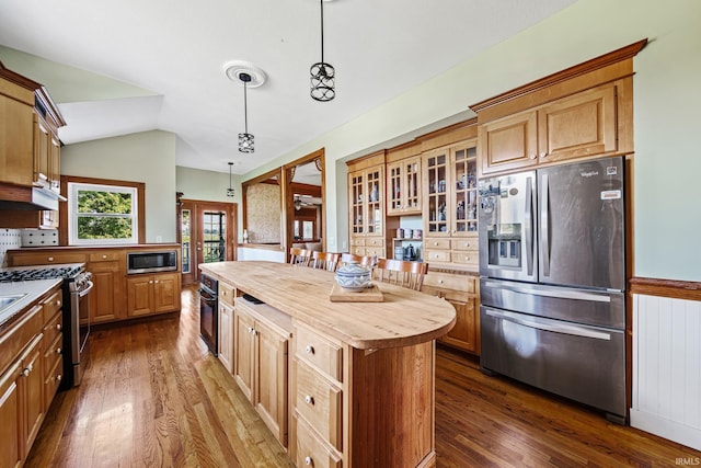 kitchen with wood counters, appliances with stainless steel finishes, a center island, dark wood-type flooring, and lofted ceiling