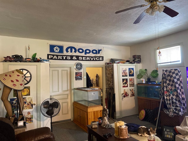 interior space with dark carpet, ceiling fan, and a textured ceiling