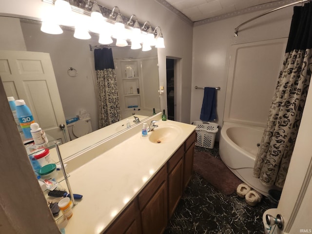 bathroom with vanity, ornamental molding, and shower / bathtub combination with curtain