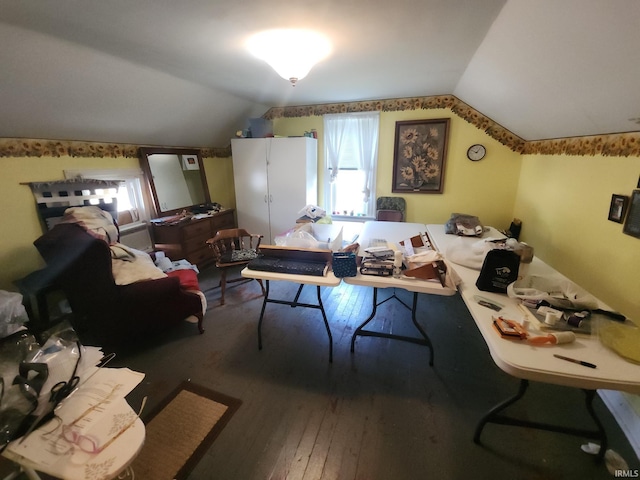 home office with lofted ceiling and wood-type flooring