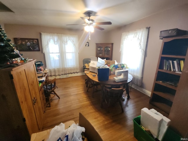 dining room with ceiling fan and hardwood / wood-style flooring