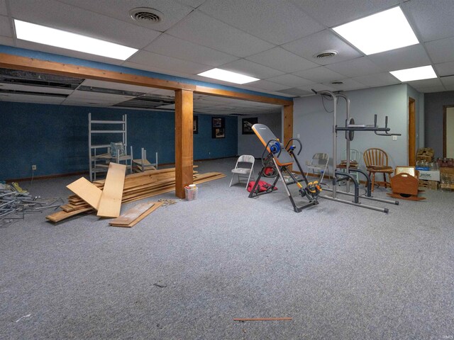 interior space featuring carpet flooring and a drop ceiling