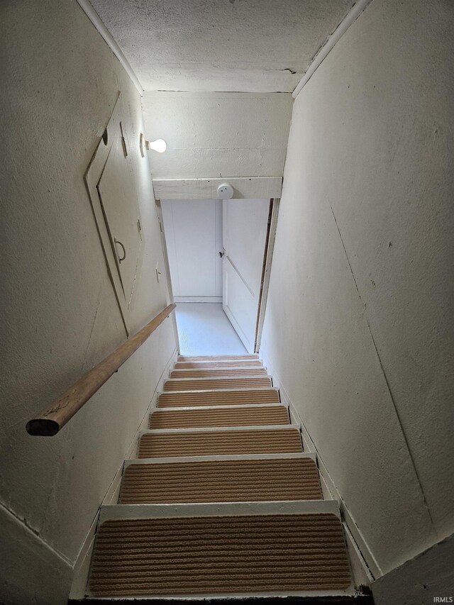 stairway featuring a textured ceiling and carpet flooring