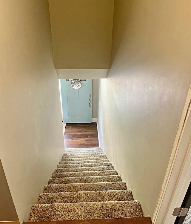 staircase with hardwood / wood-style floors