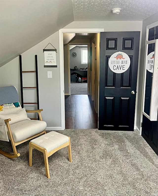 foyer with vaulted ceiling, a textured ceiling, and hardwood / wood-style flooring