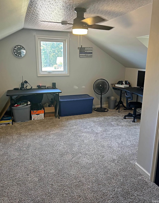 interior space featuring lofted ceiling, ceiling fan, and a textured ceiling