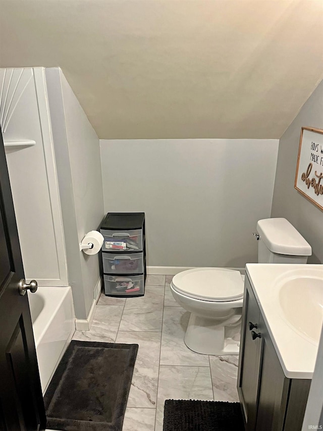 full bathroom featuring plus walk in shower, toilet, and vanity