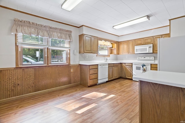 kitchen featuring wood walls, white appliances, light hardwood / wood-style floors, crown molding, and sink