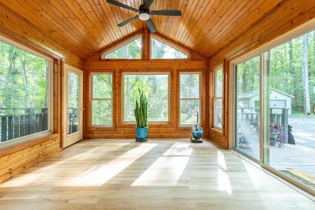 unfurnished sunroom with wooden ceiling, lofted ceiling, and ceiling fan