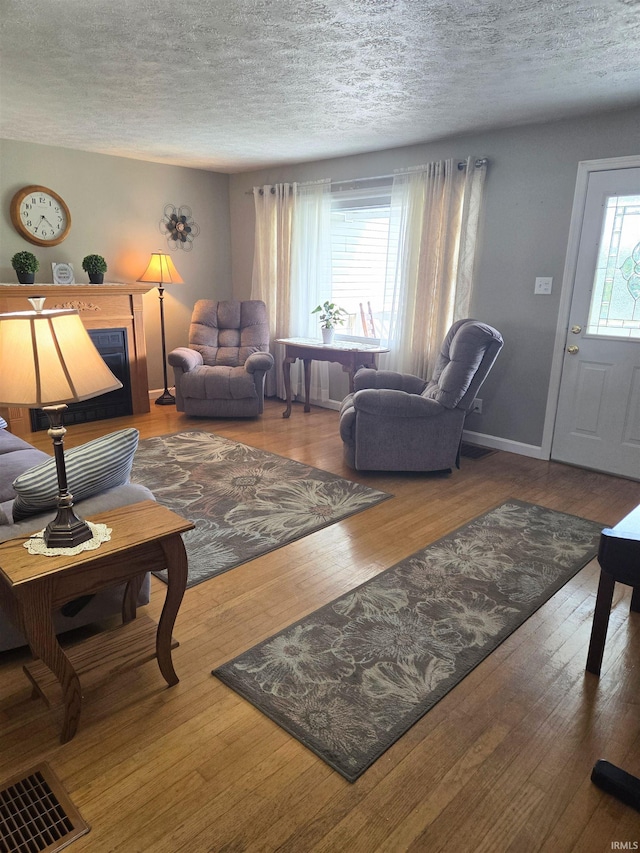 living room featuring a textured ceiling and wood-type flooring