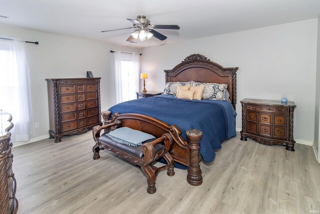 bedroom with ceiling fan and light wood-type flooring