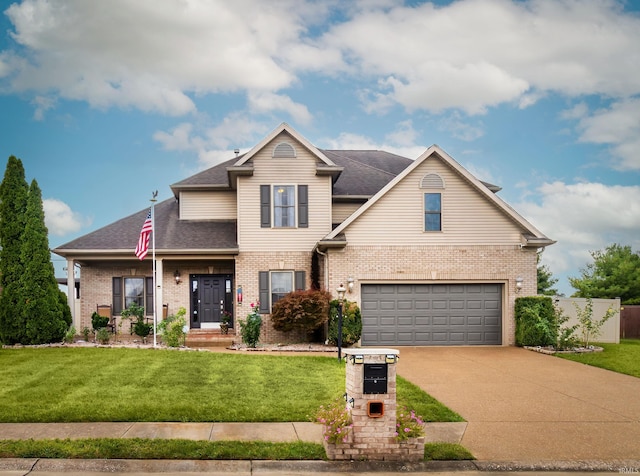 traditional home with driveway, brick siding, a front lawn, and an attached garage