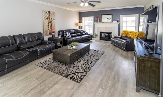 living room with a healthy amount of sunlight, a tiled fireplace, and light hardwood / wood-style floors