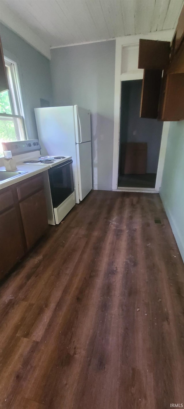 kitchen with dark hardwood / wood-style floors and white appliances