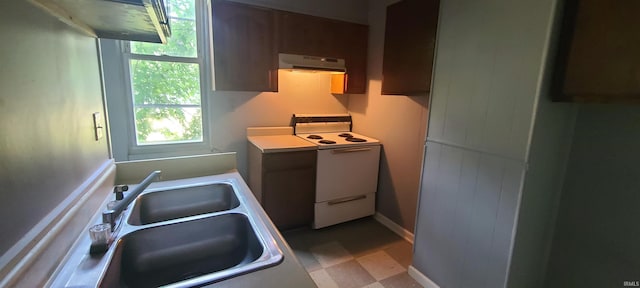 kitchen with white electric range, sink, and extractor fan