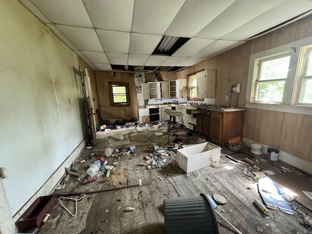 miscellaneous room featuring a drop ceiling, a healthy amount of sunlight, and wood walls