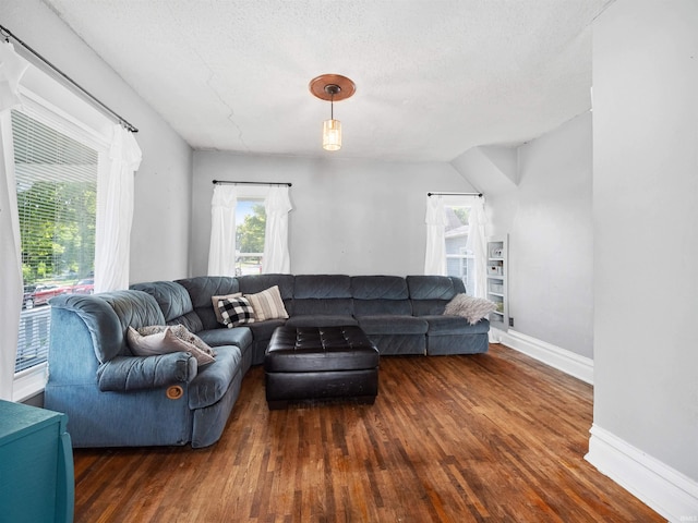 living room with a textured ceiling and dark hardwood / wood-style flooring