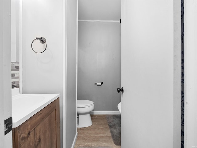 bathroom featuring vanity, toilet, and wood-type flooring