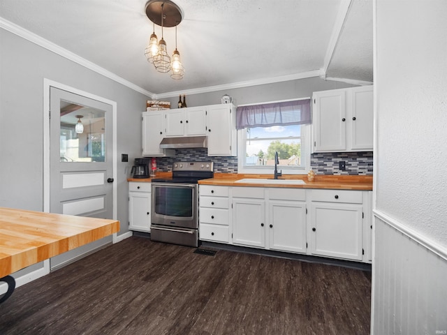 kitchen with white cabinetry, sink, electric stove, dark wood-type flooring, and ornamental molding