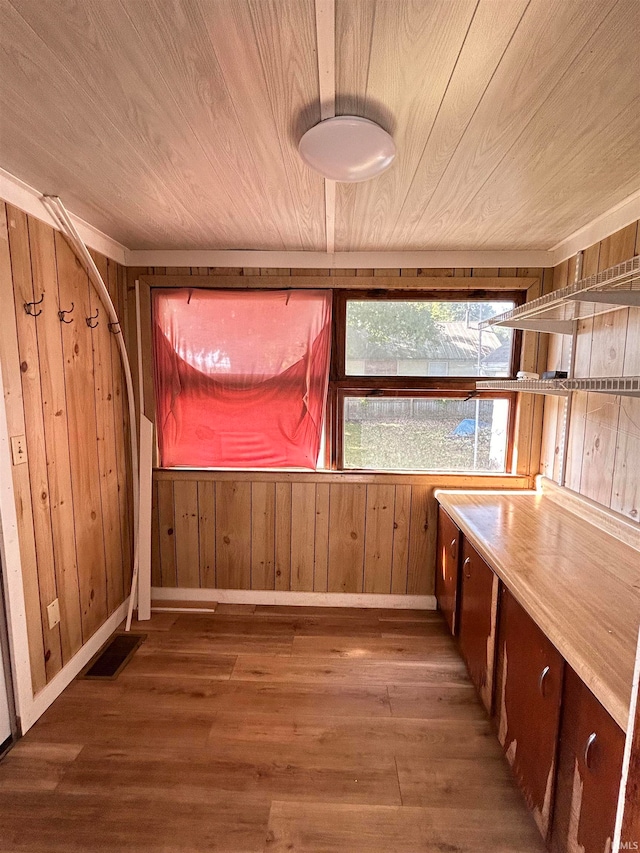 interior space with wood ceiling, wooden walls, and hardwood / wood-style flooring