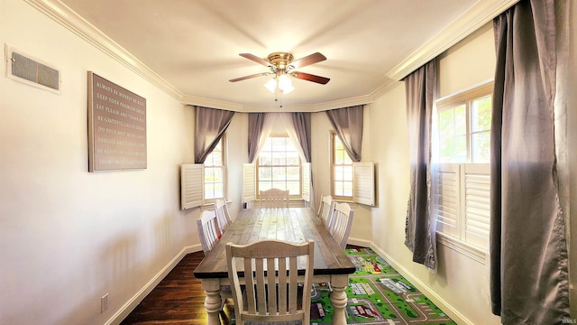 dining room with ceiling fan, dark hardwood / wood-style flooring, and ornamental molding