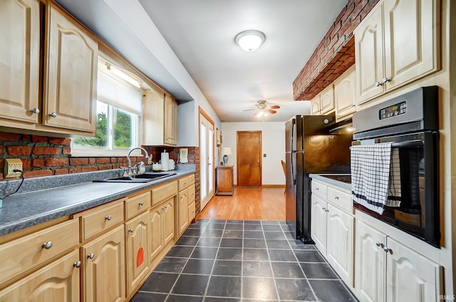 kitchen featuring backsplash, wall oven, sink, dark wood-type flooring, and ceiling fan