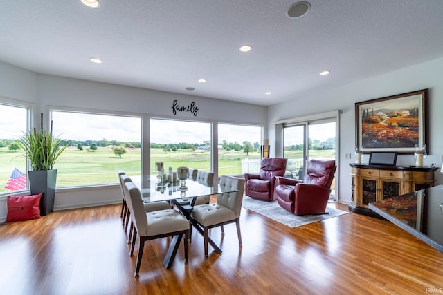 dining area featuring hardwood / wood-style floors and a textured ceiling