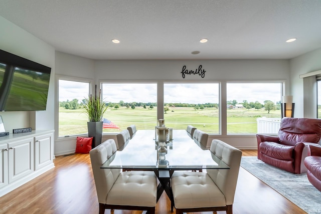 dining space with a textured ceiling, plenty of natural light, and light hardwood / wood-style flooring