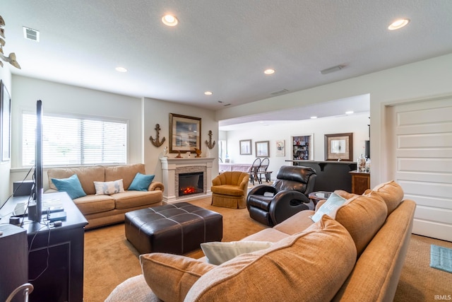 carpeted living room with a textured ceiling