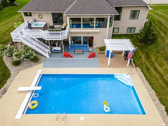 view of pool with a fenced in pool, outdoor lounge area, a pergola, a diving board, and a patio area