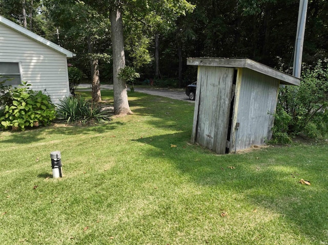 view of yard featuring a storage unit