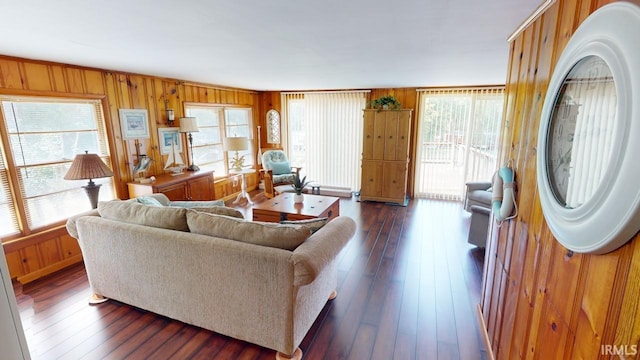 living room with dark wood-type flooring and wooden walls