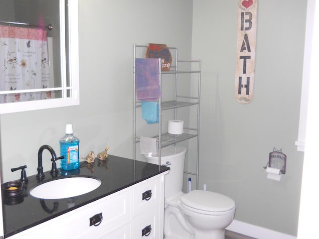 bathroom featuring vanity, toilet, and a shower with shower curtain