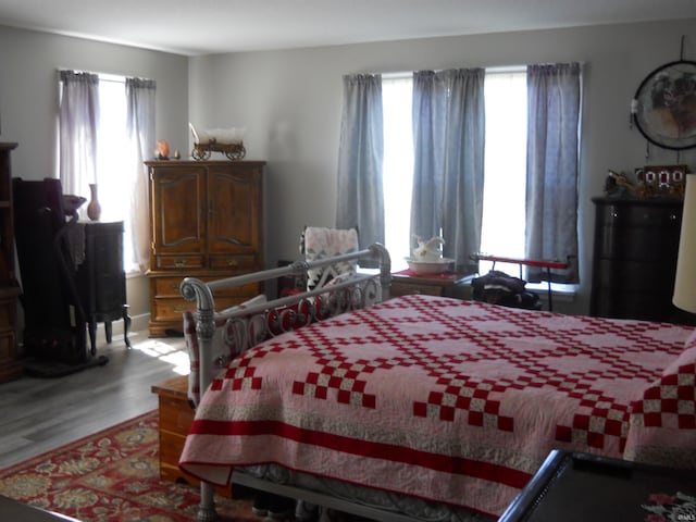 bedroom featuring multiple windows and light hardwood / wood-style flooring