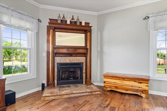 living room with a healthy amount of sunlight, a tiled fireplace, and light hardwood / wood-style floors