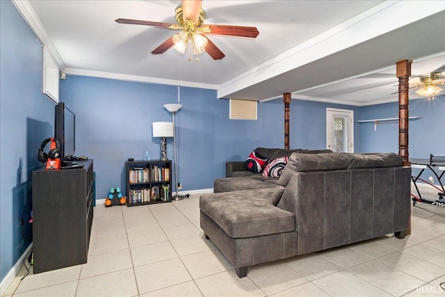 living room featuring ceiling fan and crown molding