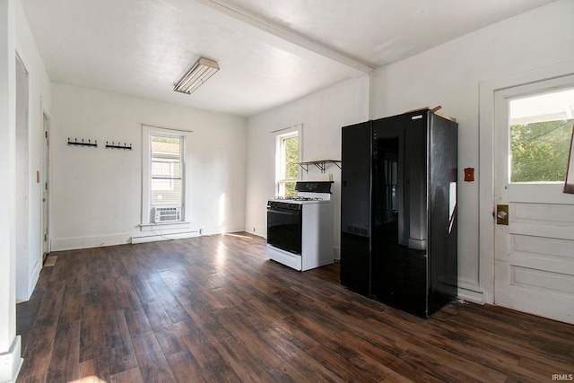 kitchen with white gas stove, dark hardwood / wood-style flooring, and black fridge with ice dispenser