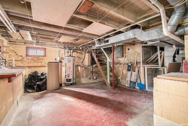 basement with electric panel and water heater