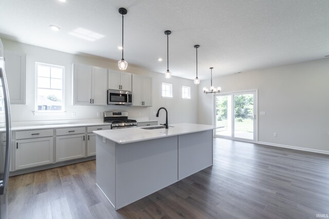 kitchen with a kitchen island with sink, decorative light fixtures, stainless steel appliances, sink, and hardwood / wood-style flooring