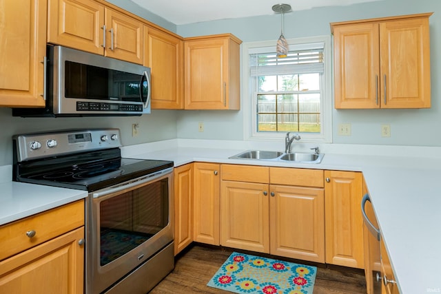 kitchen with dark wood-type flooring, pendant lighting, stainless steel appliances, and sink