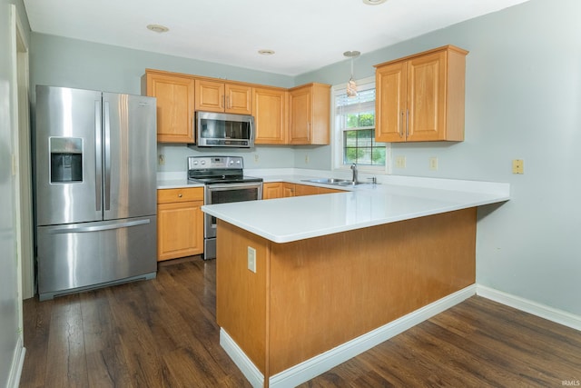 kitchen with dark hardwood / wood-style flooring, appliances with stainless steel finishes, hanging light fixtures, kitchen peninsula, and sink