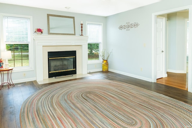 unfurnished living room with a wealth of natural light and dark hardwood / wood-style floors