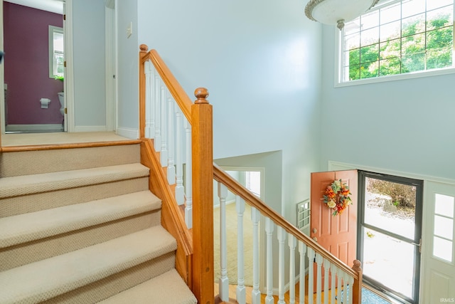 stairs featuring a high ceiling, a wealth of natural light, and carpet floors