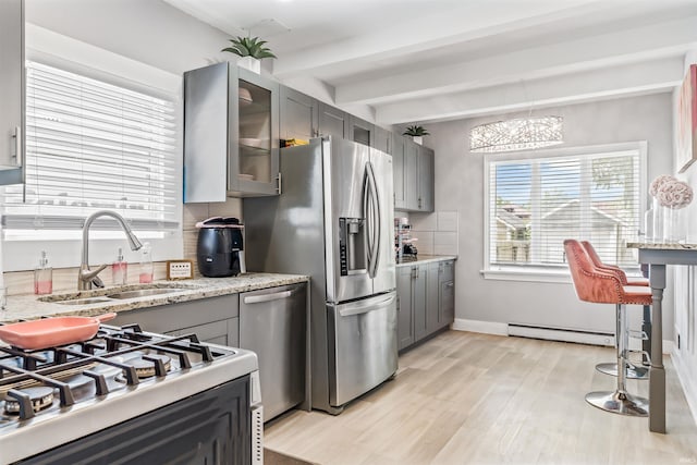 kitchen featuring gray cabinets, light hardwood / wood-style flooring, stainless steel appliances, baseboard heating, and sink