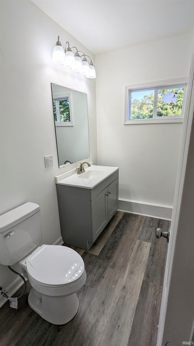 bathroom with vanity, toilet, plenty of natural light, and hardwood / wood-style flooring