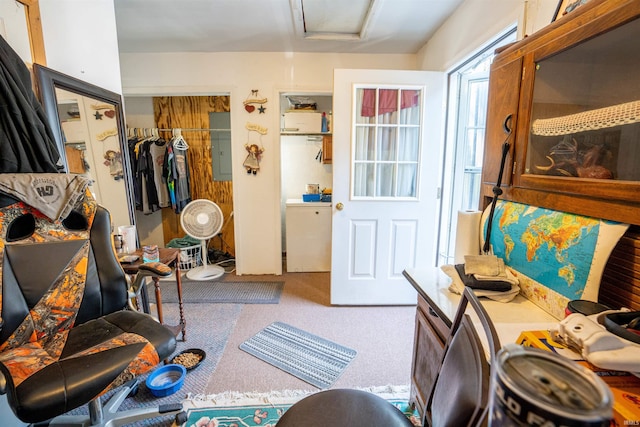 foyer entrance featuring carpet floors