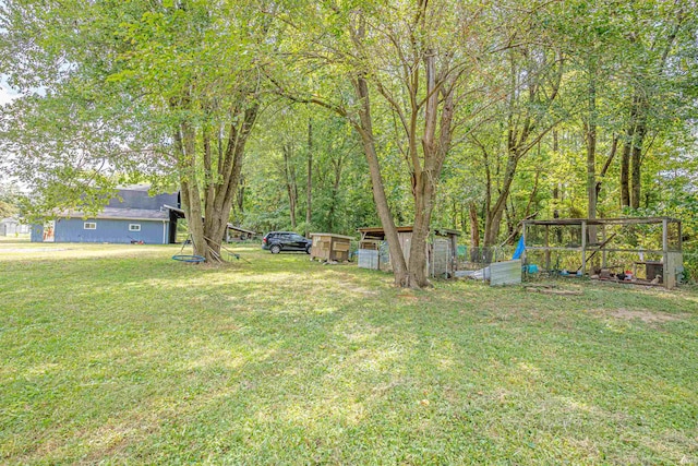 view of yard featuring a storage shed