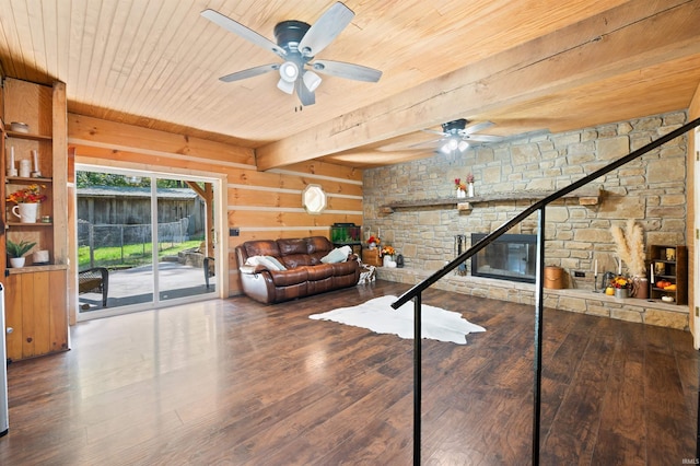 living room with wooden ceiling, ceiling fan, and hardwood / wood-style flooring