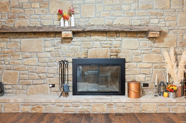 room details with wood-type flooring and a stone fireplace